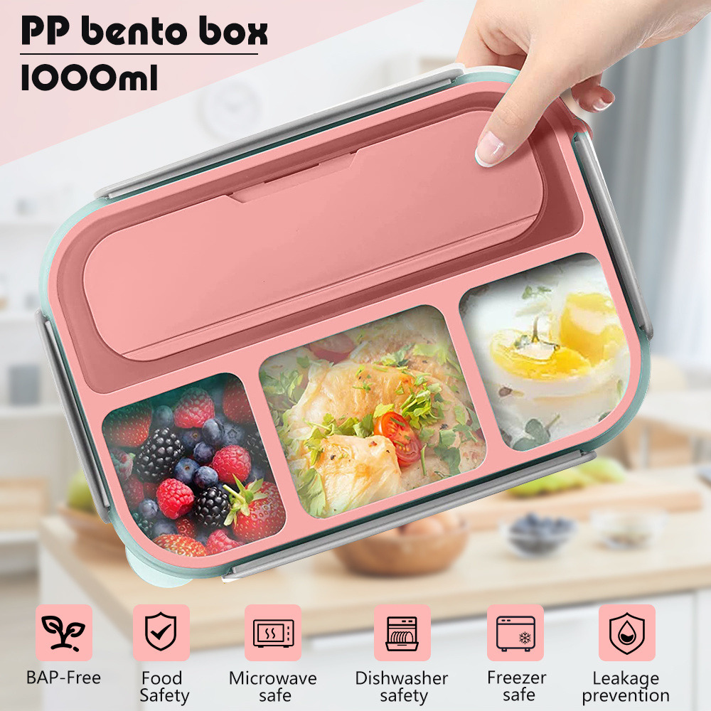 1Layers Portable Student Lunch Box Can Be Heated In The Microwave Leakproof Thicker PP Plastic 4 Split Lunch Box with Fork Spoon