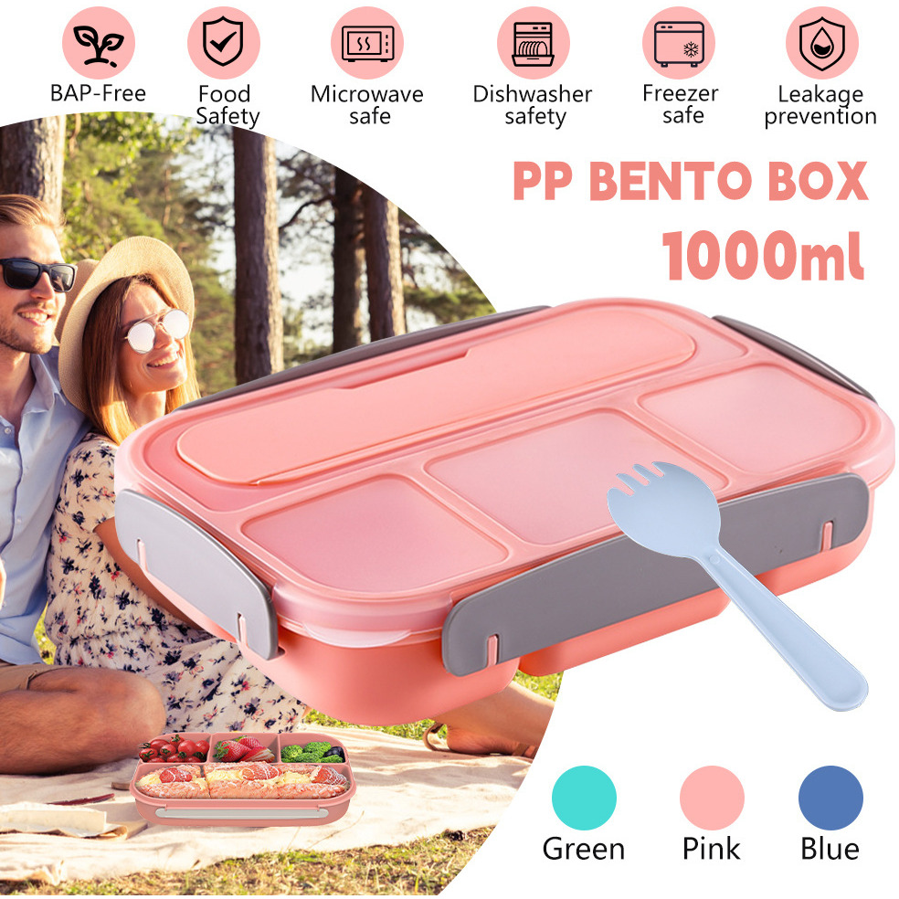 1Layers Portable Student Lunch Box Can Be Heated In The Microwave Leakproof Thicker PP Plastic 4 Split Lunch Box with Fork Spoon