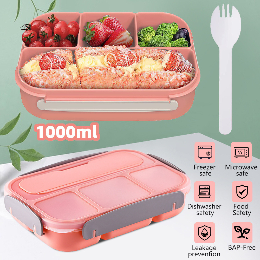 1Layers Portable Student Lunch Box Can Be Heated In The Microwave Leakproof Thicker PP Plastic 4 Split Lunch Box with Fork Spoon