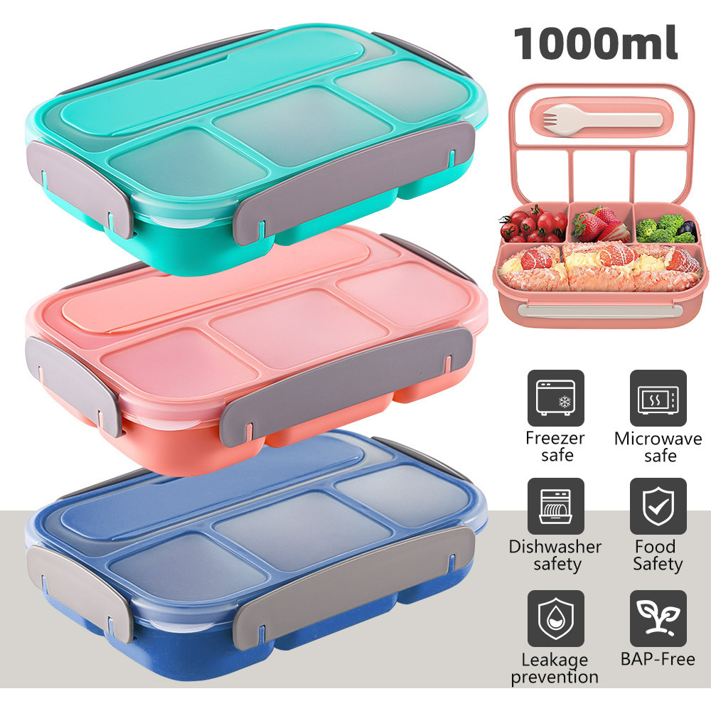 1Layers Portable Student Lunch Box Can Be Heated In The Microwave Leakproof Thicker PP Plastic 4 Split Lunch Box with Fork Spoon