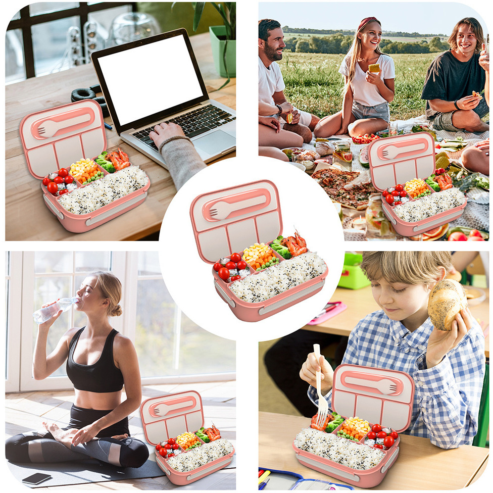 1Layers Portable Student Lunch Box Can Be Heated In The Microwave Leakproof Thicker PP Plastic 4 Split Lunch Box with Fork Spoon