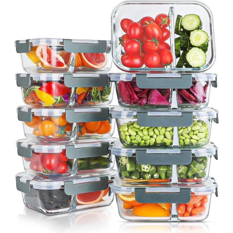 10Packs 30ozGlass Meal Prep Containers 2Compartments,Glass Food Storage Containers with Lids,Airtight Lunch Bento Boxes,BPA Free