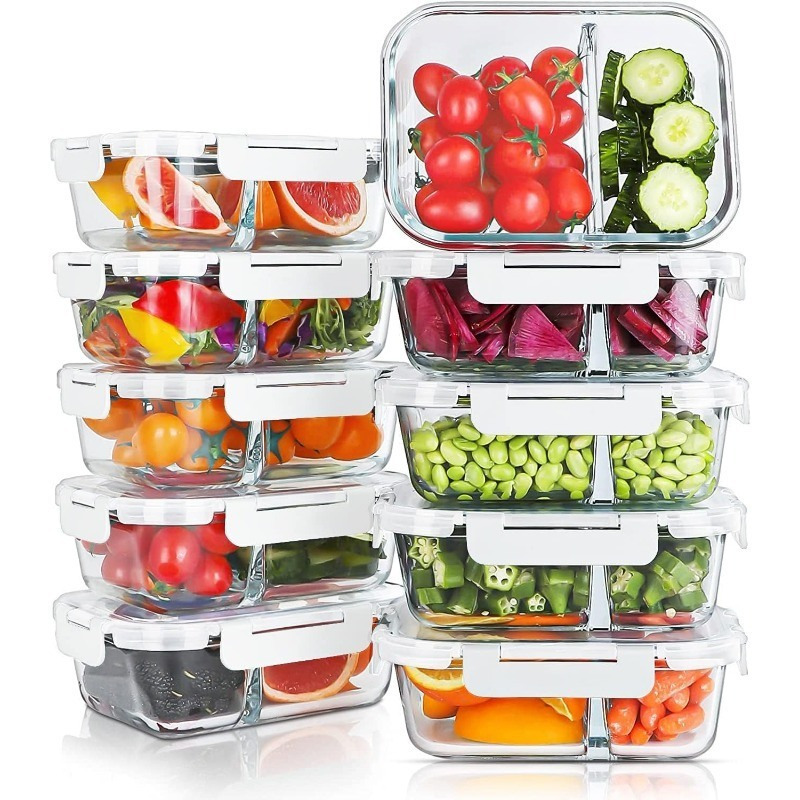 10Packs 30ozGlass Meal Prep Containers 2Compartments,Glass Food Storage Containers with Lids,Airtight Lunch Bento Boxes,BPA Free