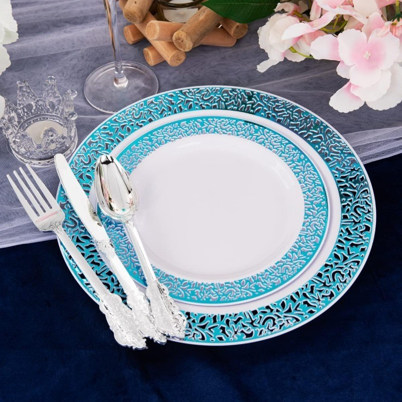 180PCS Blue Plastic Plates with Silverware, Includes: 30 Dinner Plates, Dessert Plates, Cups and Cutlery Sets