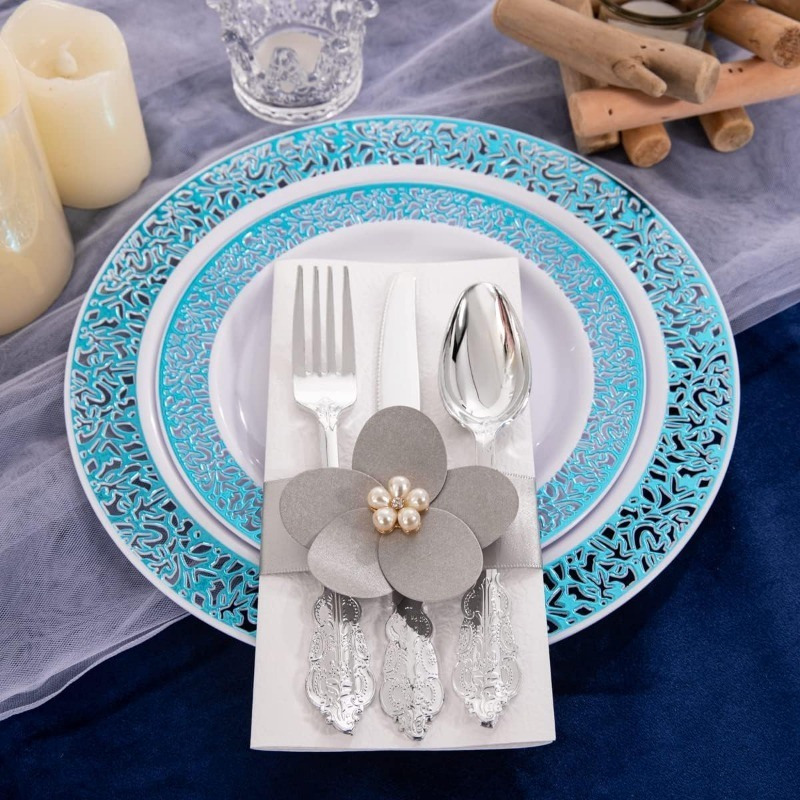 180PCS Blue Plastic Plates with Silverware, Includes: 30 Dinner Plates, Dessert Plates, Cups and Cutlery Sets