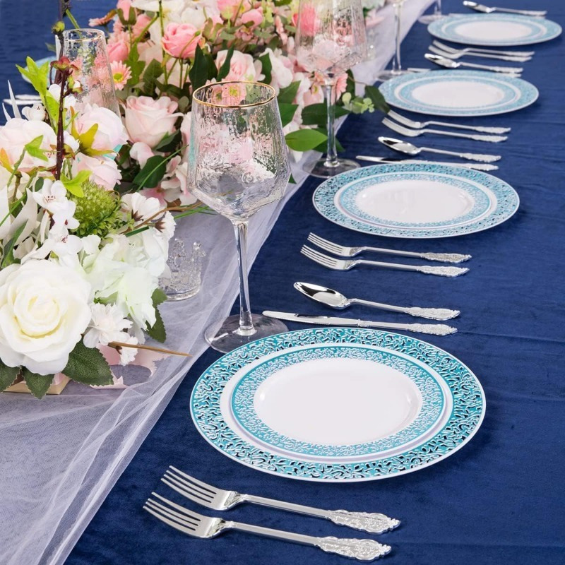 180PCS Blue Plastic Plates with Silverware, Includes: 30 Dinner Plates, Dessert Plates, Cups and Cutlery Sets