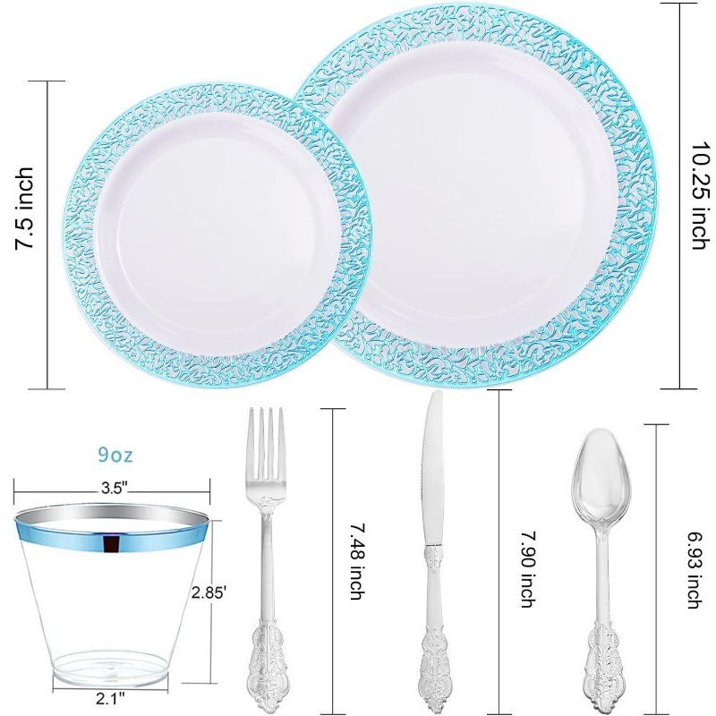 180PCS Blue Plastic Plates with Silverware, Includes: 30 Dinner Plates, Dessert Plates, Cups and Cutlery Sets