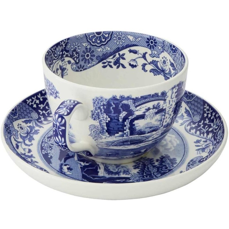 Portmeirion Home and Gifts Blue Italian Teacup and Saucer | 20-ounce Capacity | Jumbo Tea Set Coffee Mug Cup for Tea, Lattes