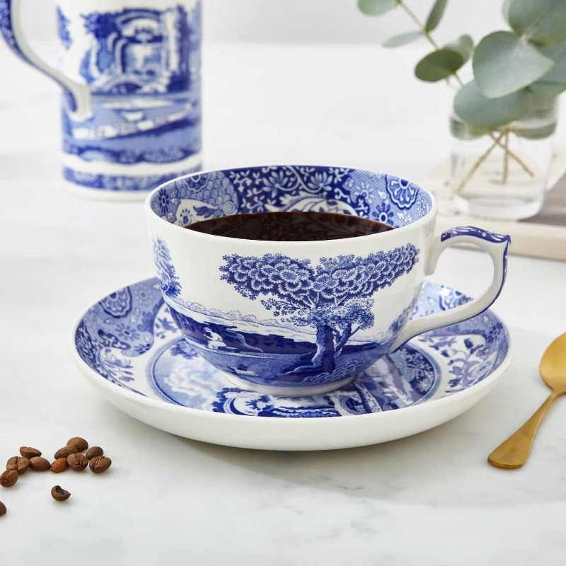 Portmeirion Home and Gifts Blue Italian Teacup and Saucer | 20-ounce Capacity | Jumbo Tea Set Coffee Mug Cup for Tea, Lattes