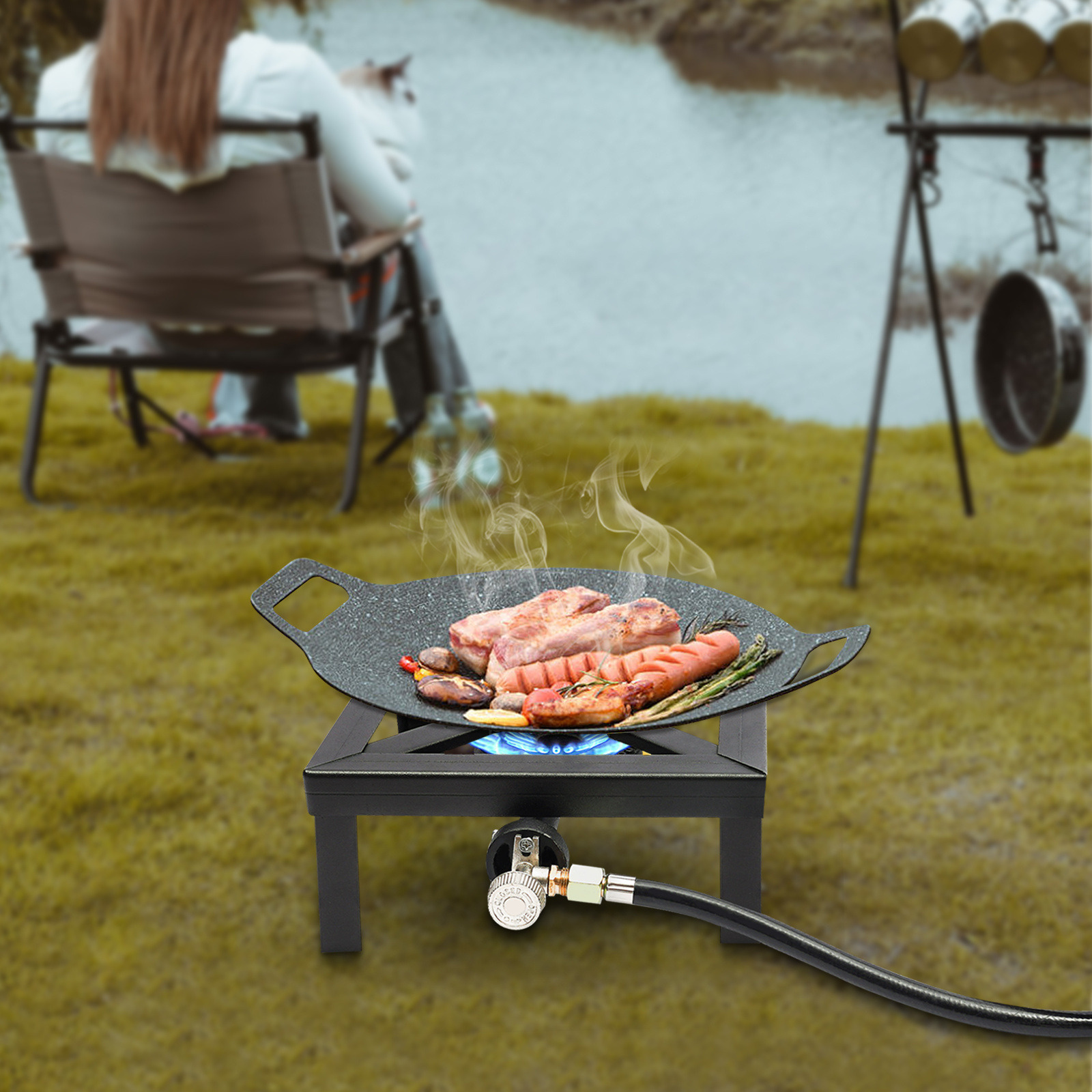 Outdoor Single Burner Portable Gas Stove Propane Cooker with Adjustable 0-20Psi Regulator Hose Camping Stove for Patio BBQ