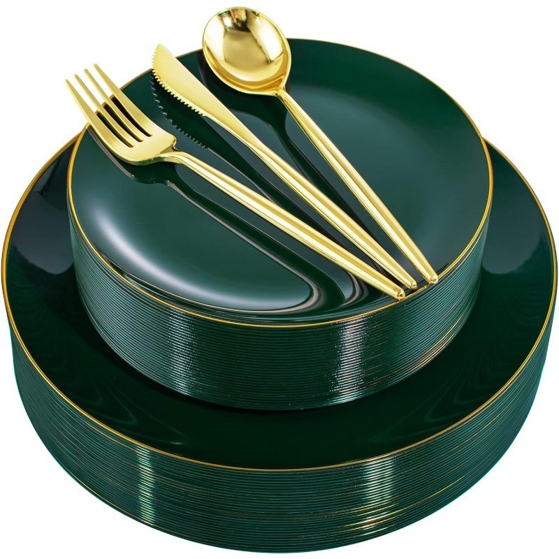 150Pcs Gold Plastic Plates Disposable Green Plastic Plates with Gold Rim Disposable Dinnerware: 30 Green Dinner Plates