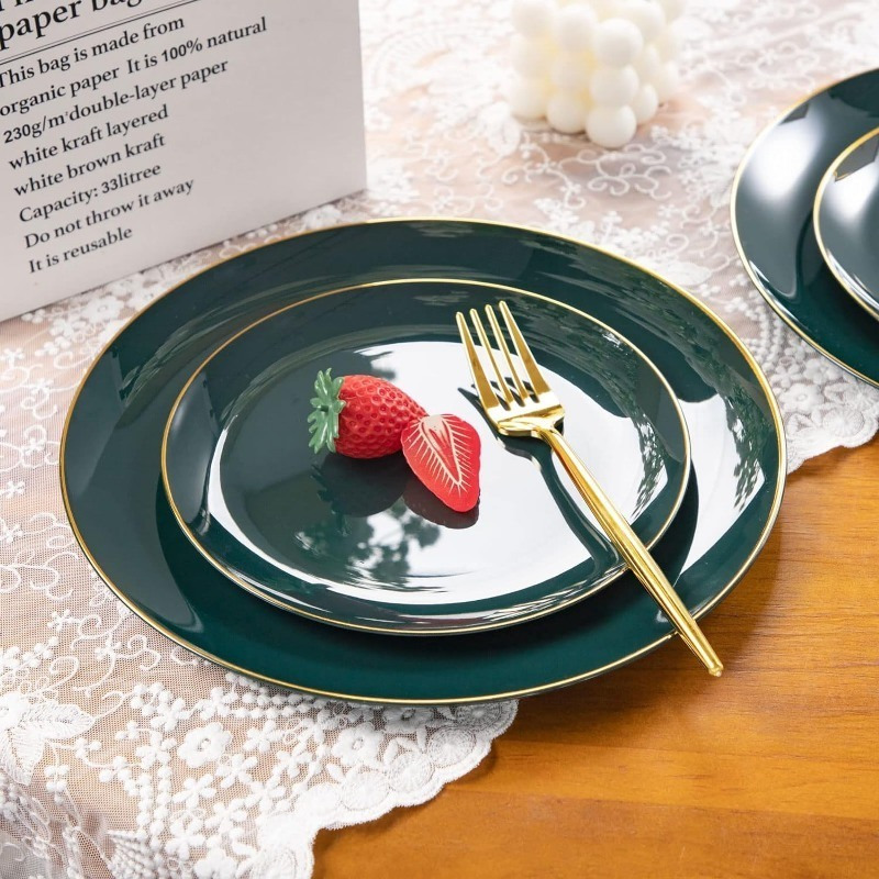 150Pcs Gold Plastic Plates Disposable Green Plastic Plates with Gold Rim Disposable Dinnerware: 30 Green Dinner Plates