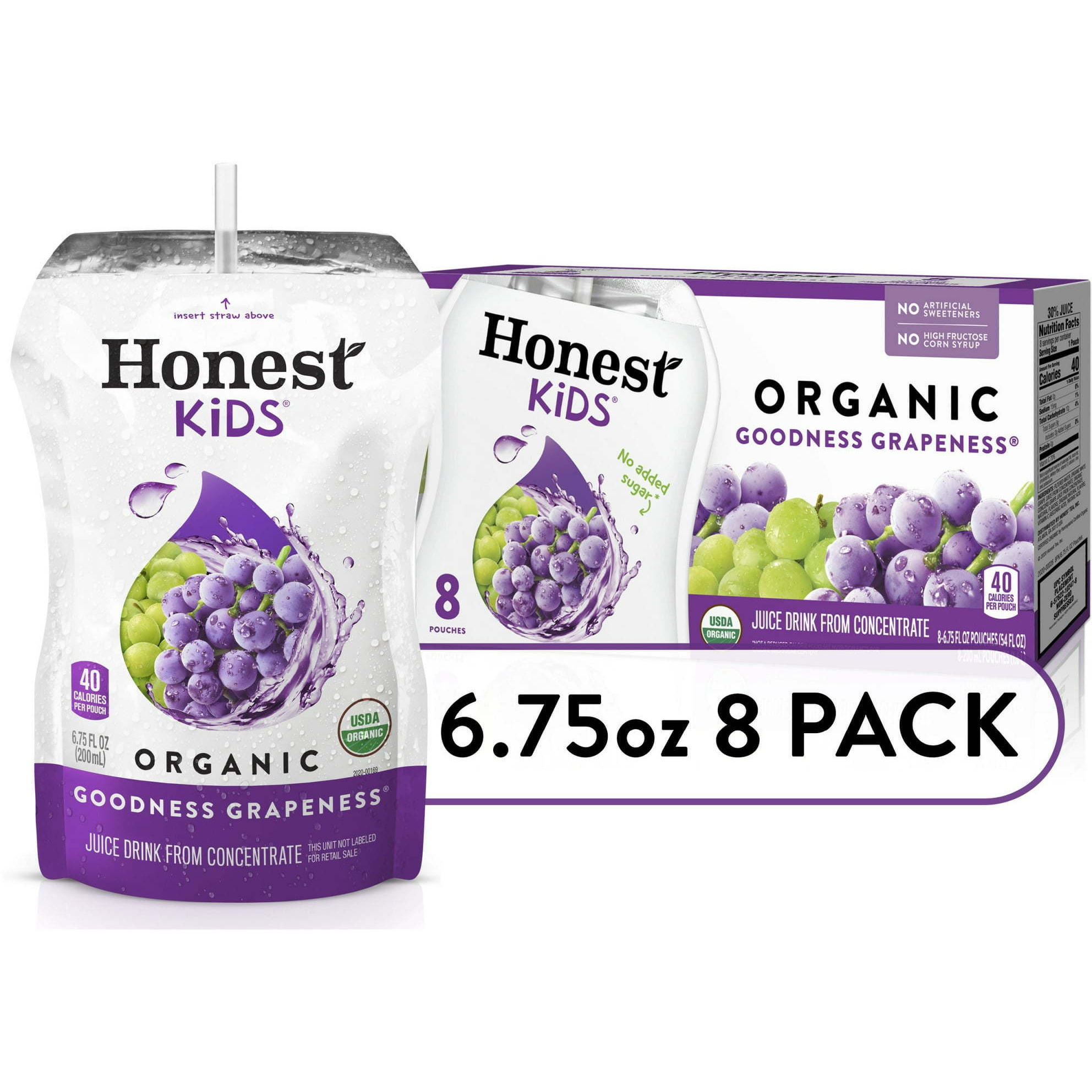 Honest Kids Organic Goodness Grapeness Grape Fruit Juice, 6.75 fl oz, 8 Pouches