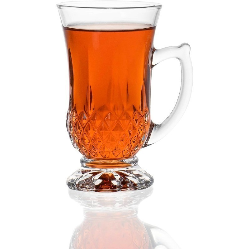 6-Pack Classic Clear Cut Glass 4.5 Oz Footed Turkish Tea Cups with Handles, Etched Design