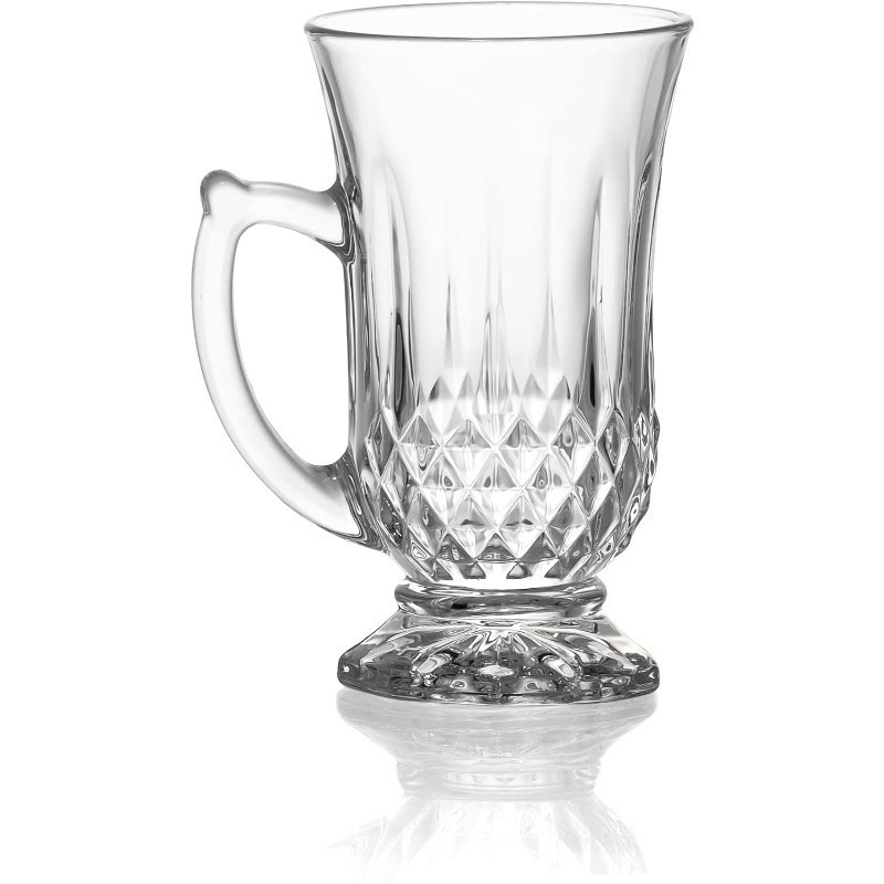 6-Pack Classic Clear Cut Glass 4.5 Oz Footed Turkish Tea Cups with Handles, Etched Design