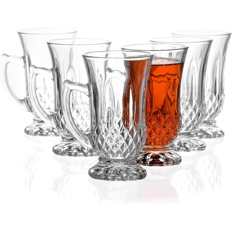 6-Pack Classic Clear Cut Glass 4.5 Oz Footed Turkish Tea Cups with Handles, Etched Design