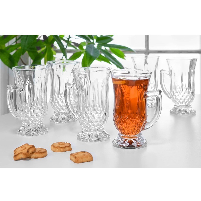 6-Pack Classic Clear Cut Glass 4.5 Oz Footed Turkish Tea Cups with Handles, Etched Design