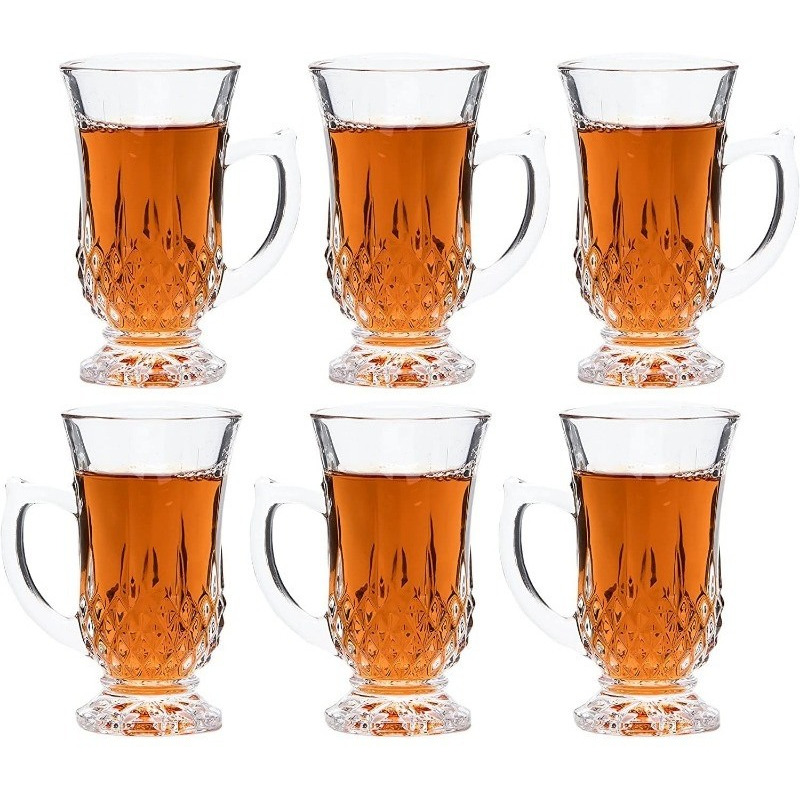 6-Pack Classic Clear Cut Glass 4.5 Oz Footed Turkish Tea Cups with Handles, Etched Design