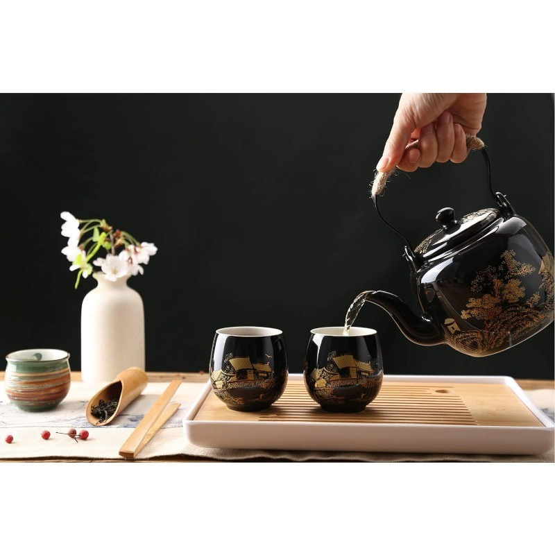 Japanese Beautiful Asian Porcelain Tea Set, Black with 1 Teapot, 6 Tea Cups, 1 Tea Tray, 1 Stainless Infuser for Adults