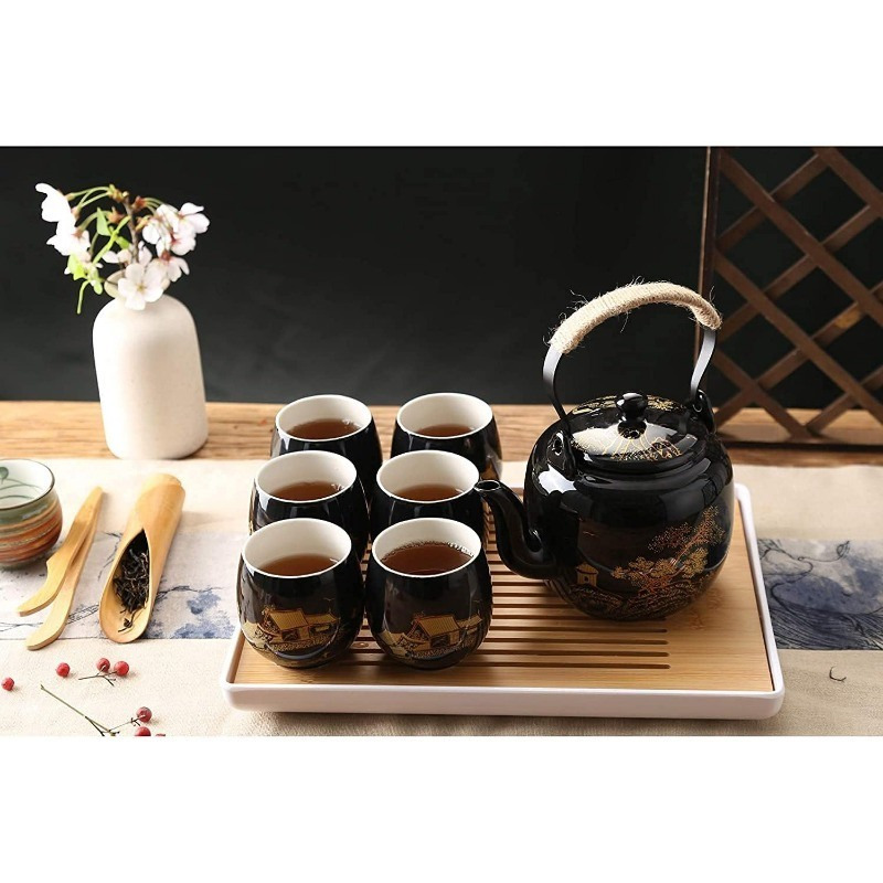 Japanese Beautiful Asian Porcelain Tea Set, Black with 1 Teapot, 6 Tea Cups, 1 Tea Tray, 1 Stainless Infuser for Adults