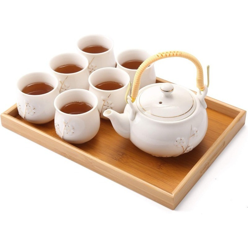 Japanese Beautiful Asian Porcelain Tea Set, Black with 1 Teapot, 6 Tea Cups, 1 Tea Tray, 1 Stainless Infuser for Adults