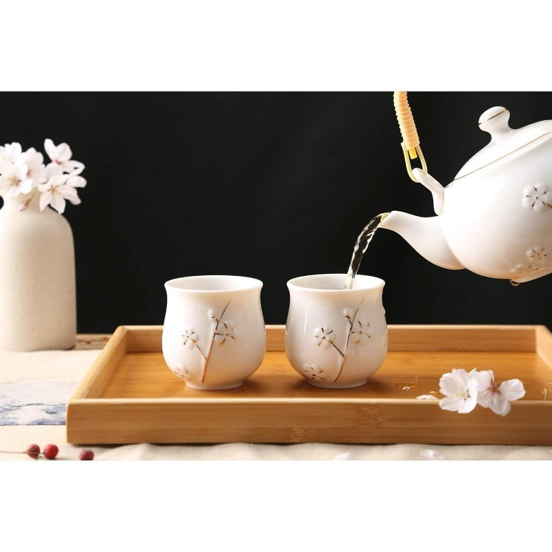 Japanese Beautiful Asian Porcelain Tea Set, Black with 1 Teapot, 6 Tea Cups, 1 Tea Tray, 1 Stainless Infuser for Adults