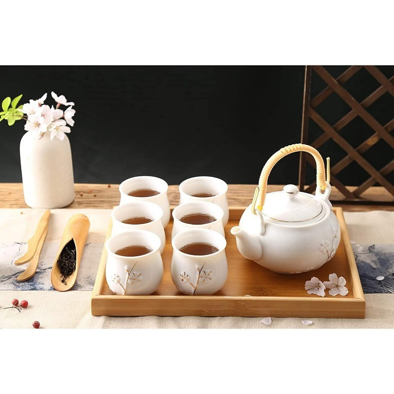 Japanese Beautiful Asian Porcelain Tea Set, Black with 1 Teapot, 6 Tea Cups, 1 Tea Tray, 1 Stainless Infuser for Adults