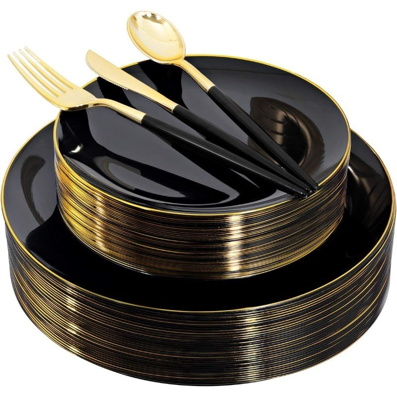 150pcs Black and Gold Dinnerware Set - Plastic Plates and Silverware for Birthdays, Parties,Weddings