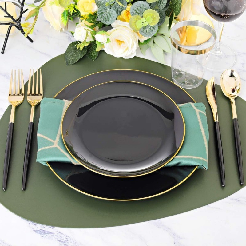 150pcs Black and Gold Dinnerware Set - Plastic Plates and Silverware for Birthdays, Parties,Weddings