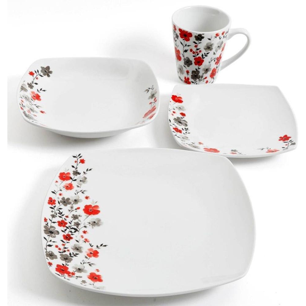 16pc Round Square Floral Fine Ceramic Dinnerware Set White Glossy Finish Microwave Dishwasher Safe incl. 4 Bowls Plates Mugs