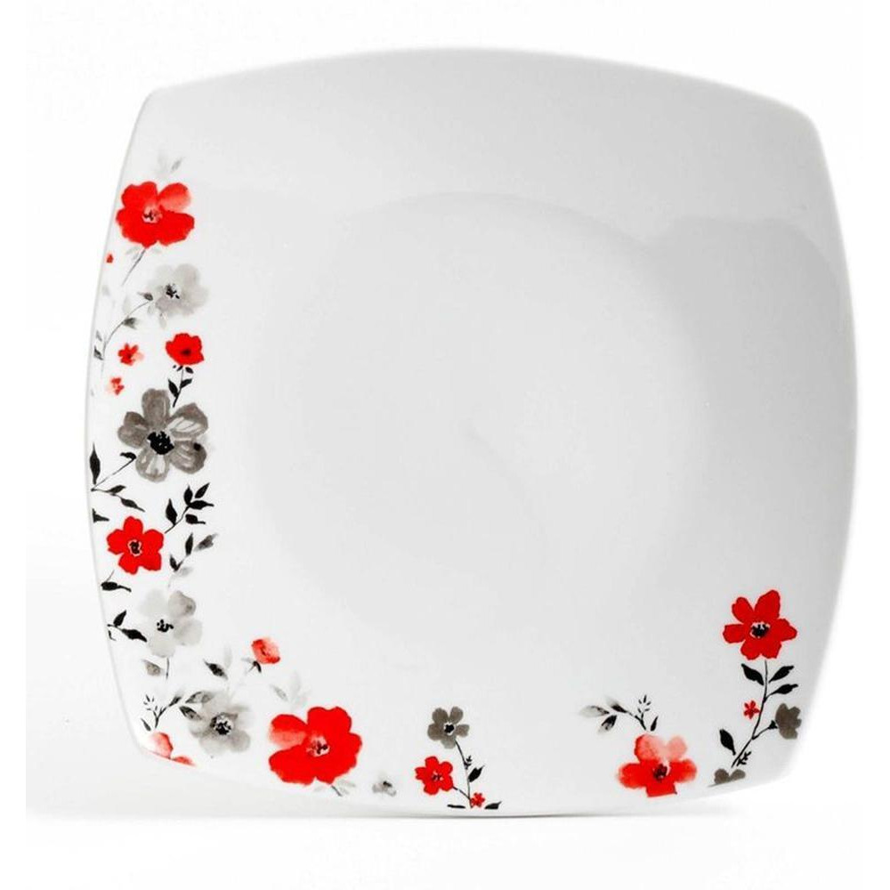 16pc Round Square Floral Fine Ceramic Dinnerware Set White Glossy Finish Microwave Dishwasher Safe incl. 4 Bowls Plates Mugs