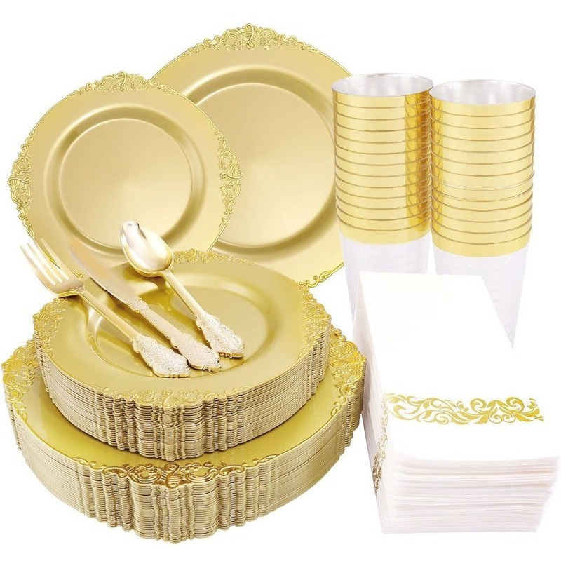 175PCS Solid Gold Plastic Plates with Gold Rim, Disposable Silverware Include25 Dinner Plates,25 Dessert Plates, 25 Forks