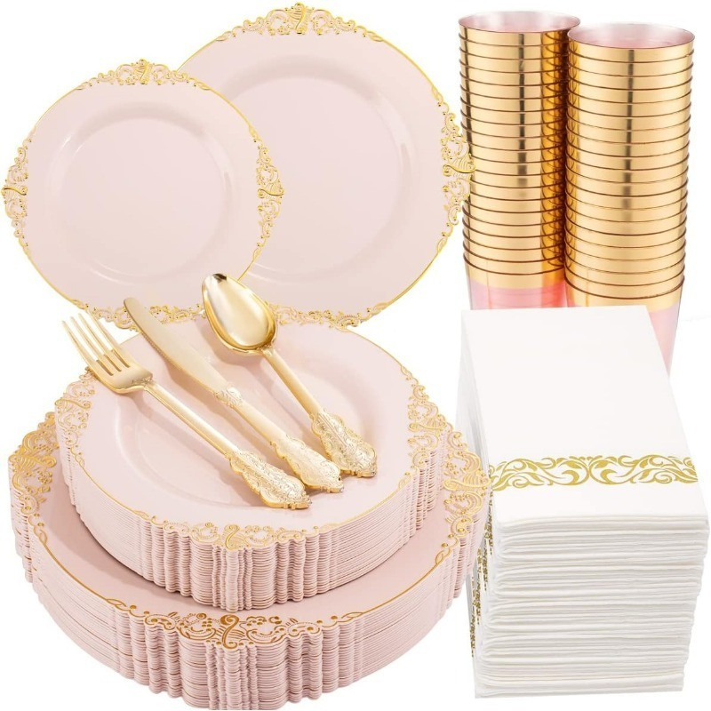 175PCS Solid Gold Plastic Plates with Gold Rim, Disposable Silverware Include25 Dinner Plates,25 Dessert Plates, 25 Forks