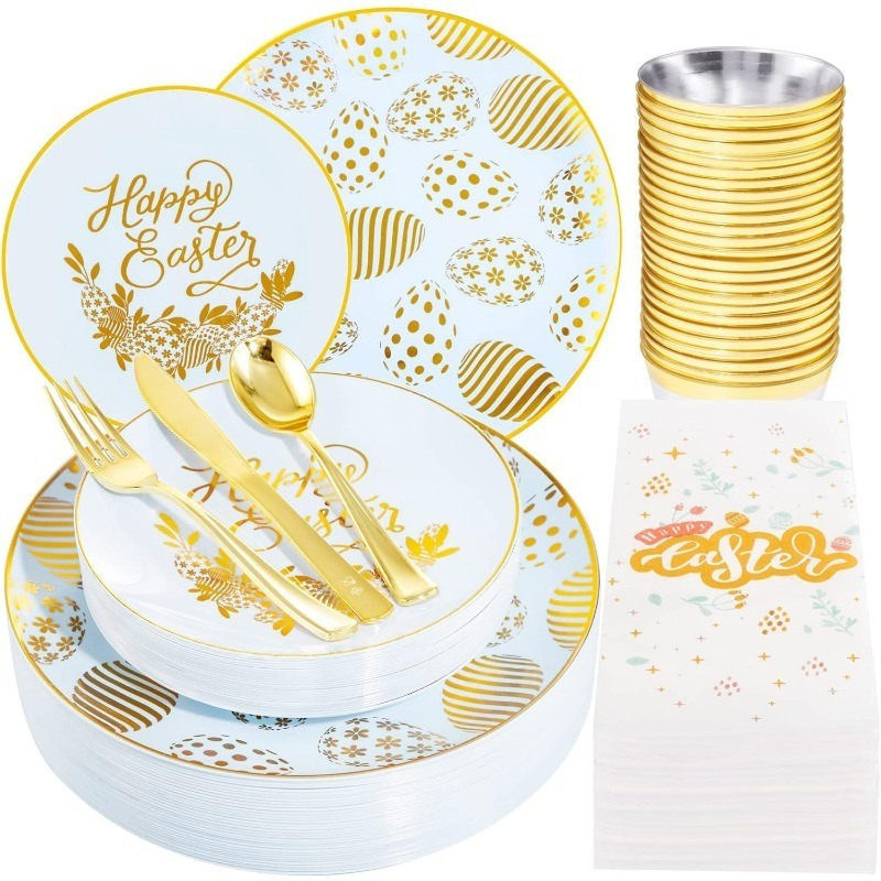 175PCS Solid Gold Plastic Plates with Gold Rim, Disposable Silverware Include25 Dinner Plates,25 Dessert Plates, 25 Forks