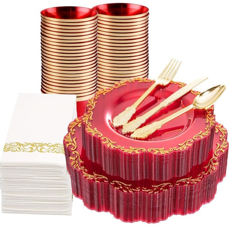 175PCS Plates with Plastic silverware - Plates Disposable Include Dinner Plates,Dessert Plates,Cutlery,Cups& Napkins for Party