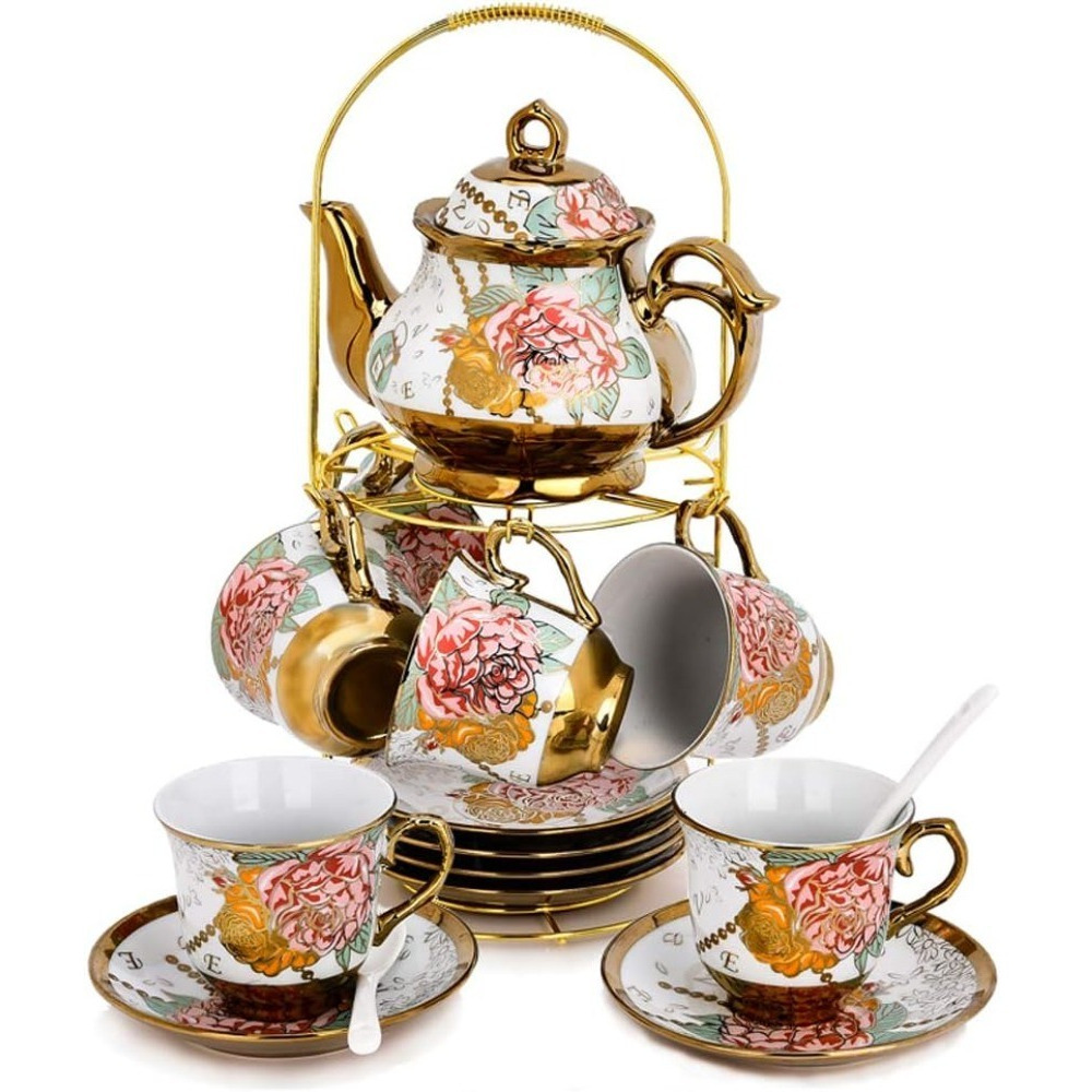 20 Piece European Ceramic Tea Set Coffee set, With Metal Holder,flower tea set,160ML/Cup, 460ML/Pot, Porcelain Tea Set