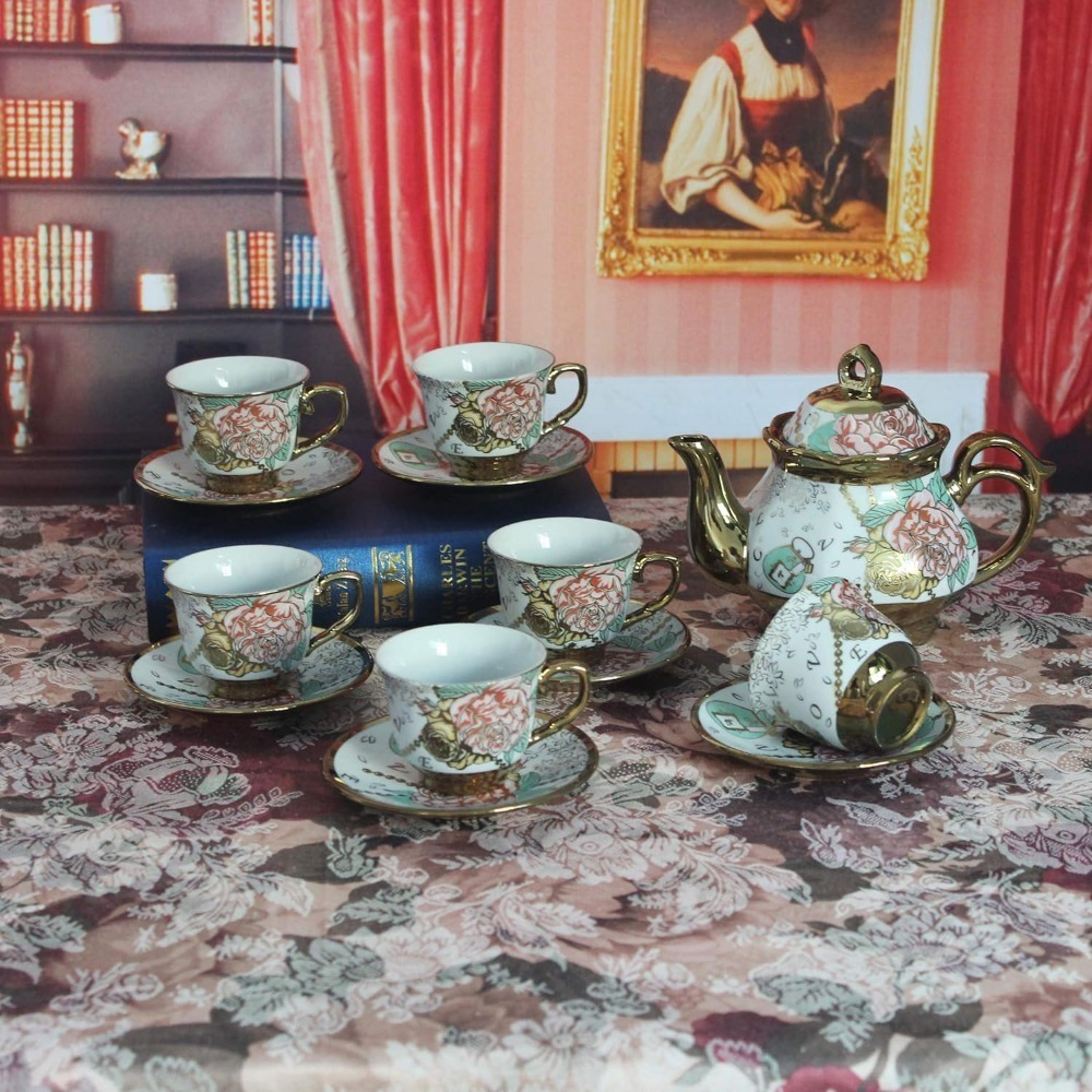 20 Piece European Ceramic Tea Set Coffee set, With Metal Holder,flower tea set,160ML/Cup, 460ML/Pot, Porcelain Tea Set