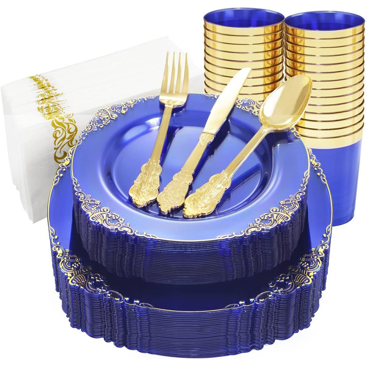 175PCS Clear Blue Gold Plastic Plates Sets Include 25Dinner Plates, 25Dessert Plates, 25Cups, 25Forks, 25Knives, 25Spoons