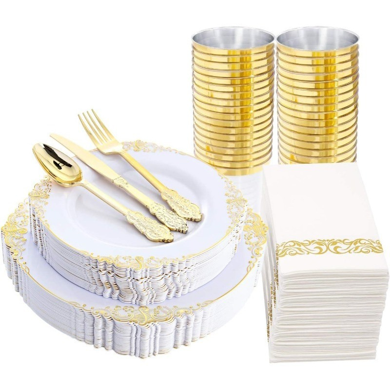 175PCS Clear Blue Gold Plastic Plates Sets Include 25Dinner Plates, 25Dessert Plates, 25Cups, 25Forks, 25Knives, 25Spoons