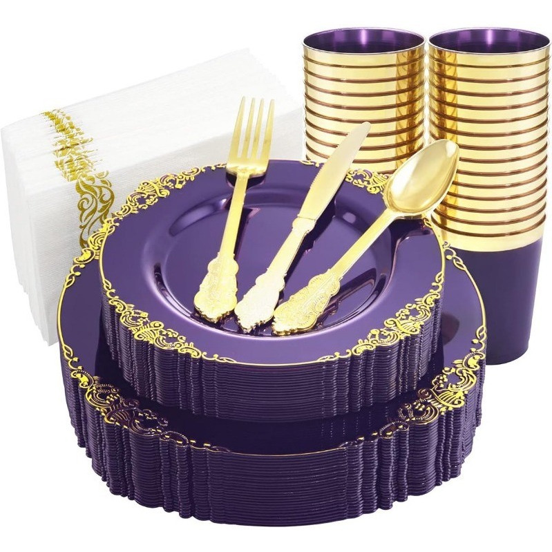 175PCS Clear Blue Gold Plastic Plates Sets Include 25Dinner Plates, 25Dessert Plates, 25Cups, 25Forks, 25Knives, 25Spoons