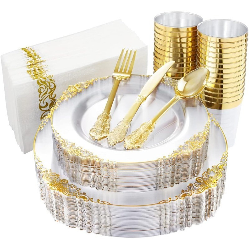 175PCS Clear Blue Gold Plastic Plates Sets Include 25Dinner Plates, 25Dessert Plates, 25Cups, 25Forks, 25Knives, 25Spoons