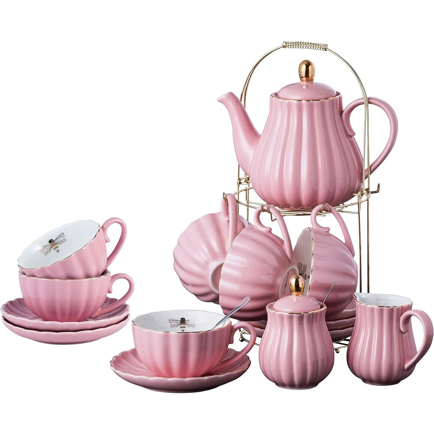 Fine China Pink Coffee Cup/Teacup Set, 8 OZ Cups& Saucer Service for 4, with Teapot-Sugar Bowl-Cream Pitcher Teaspoons and