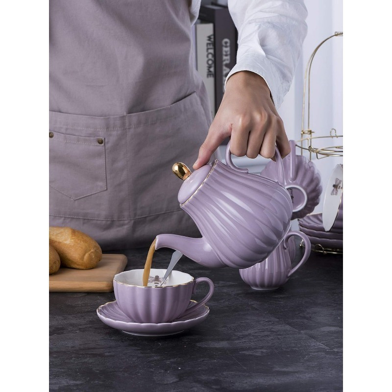 Fine China Pink Coffee Cup/Teacup Set, 8 OZ Cups& Saucer Service for 4, with Teapot-Sugar Bowl-Cream Pitcher Teaspoons and