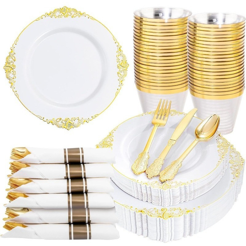 175PCS Black and Gold Plastic Plates - Disposable Black Party Plates & Pre Rolled Napkins with Cutlery