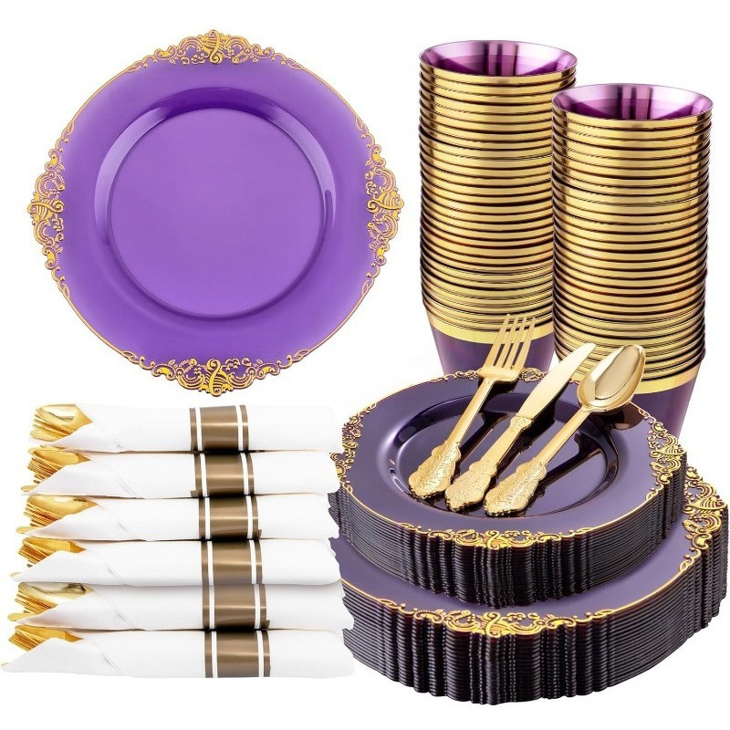 175PCS Black and Gold Plastic Plates - Disposable Black Party Plates & Pre Rolled Napkins with Cutlery