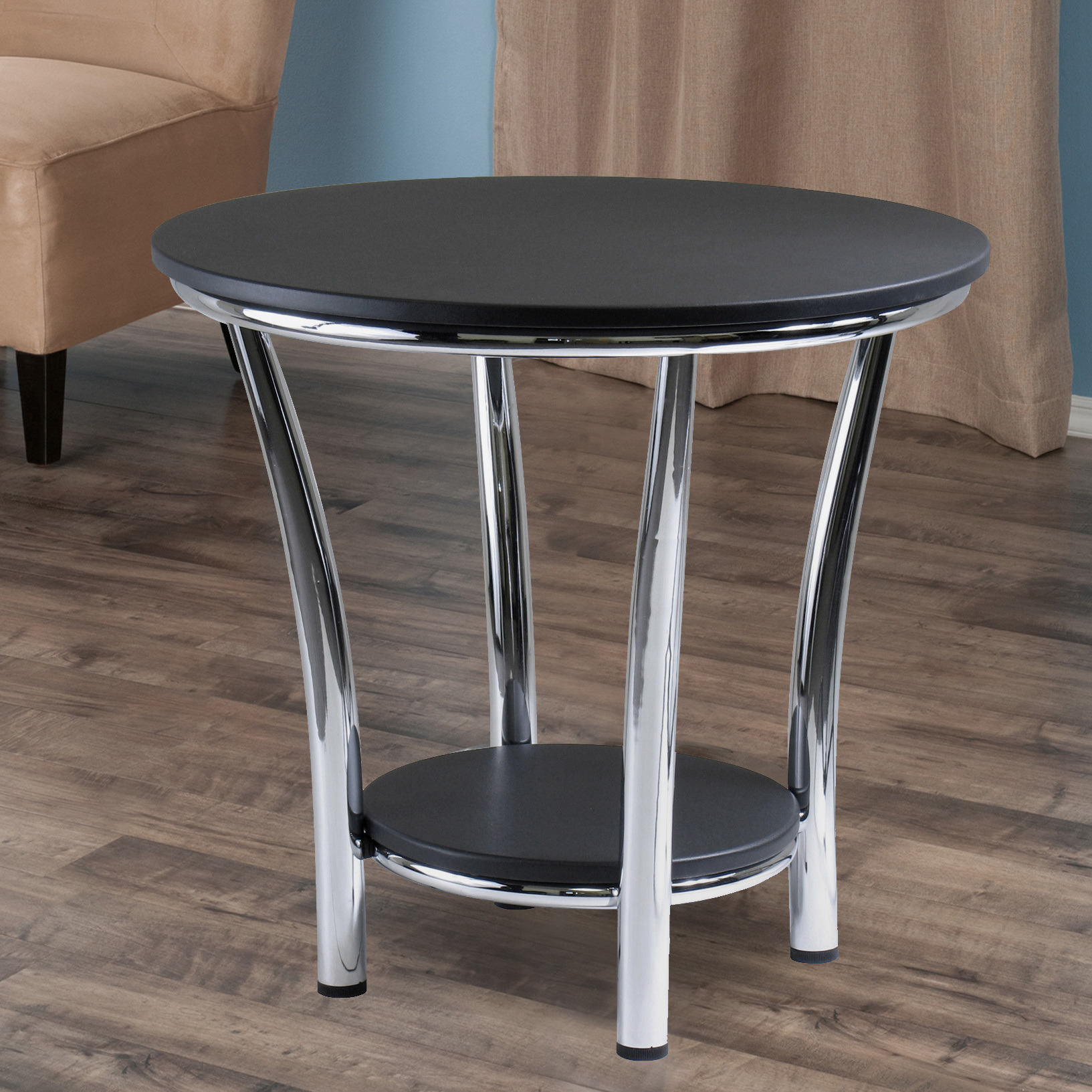 Maya Round End Table; Black Top; Metal Legs