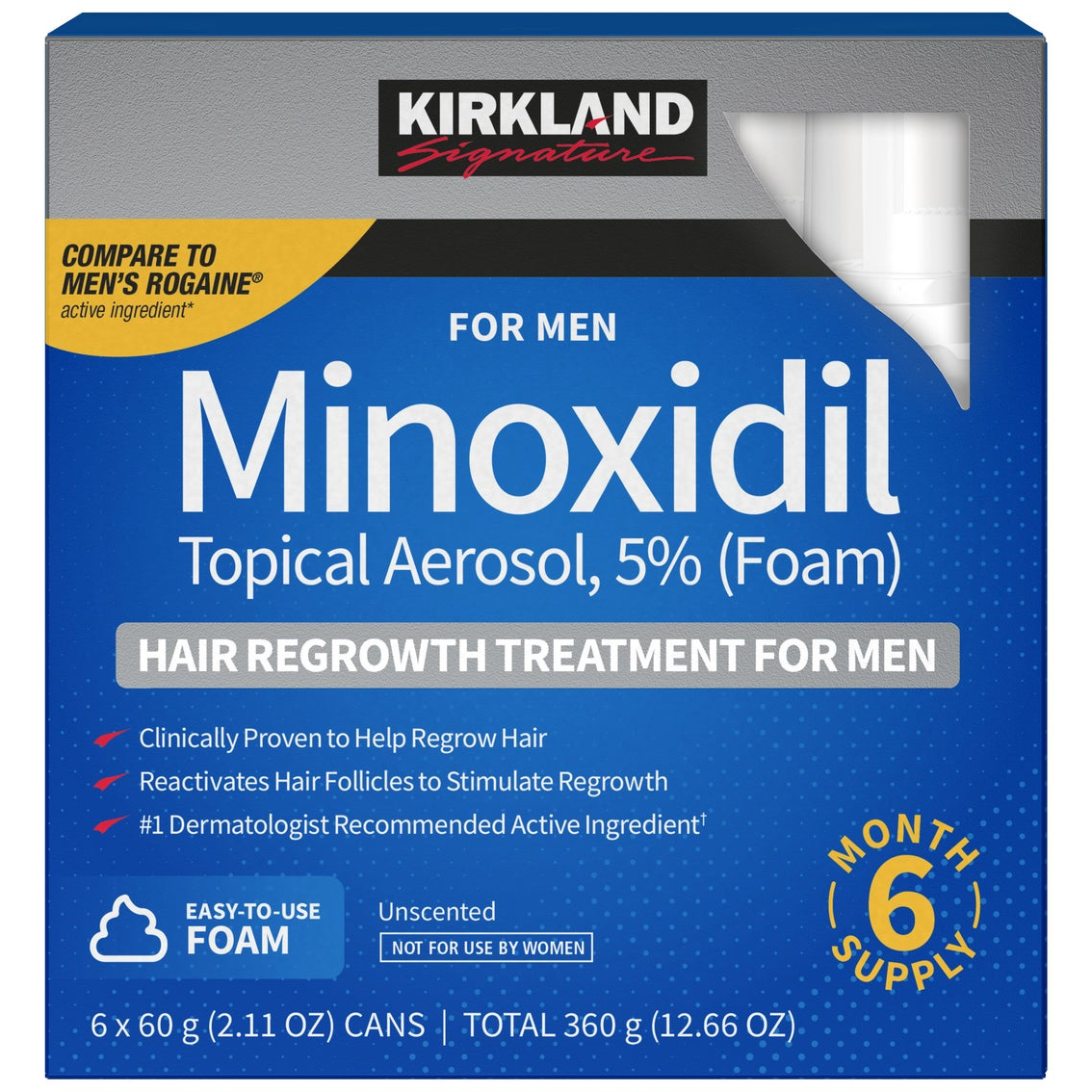 Kirkland Signature Hair Regrowth Treatment Minoxidil Foam for Men, 2.11 oz, 6-count