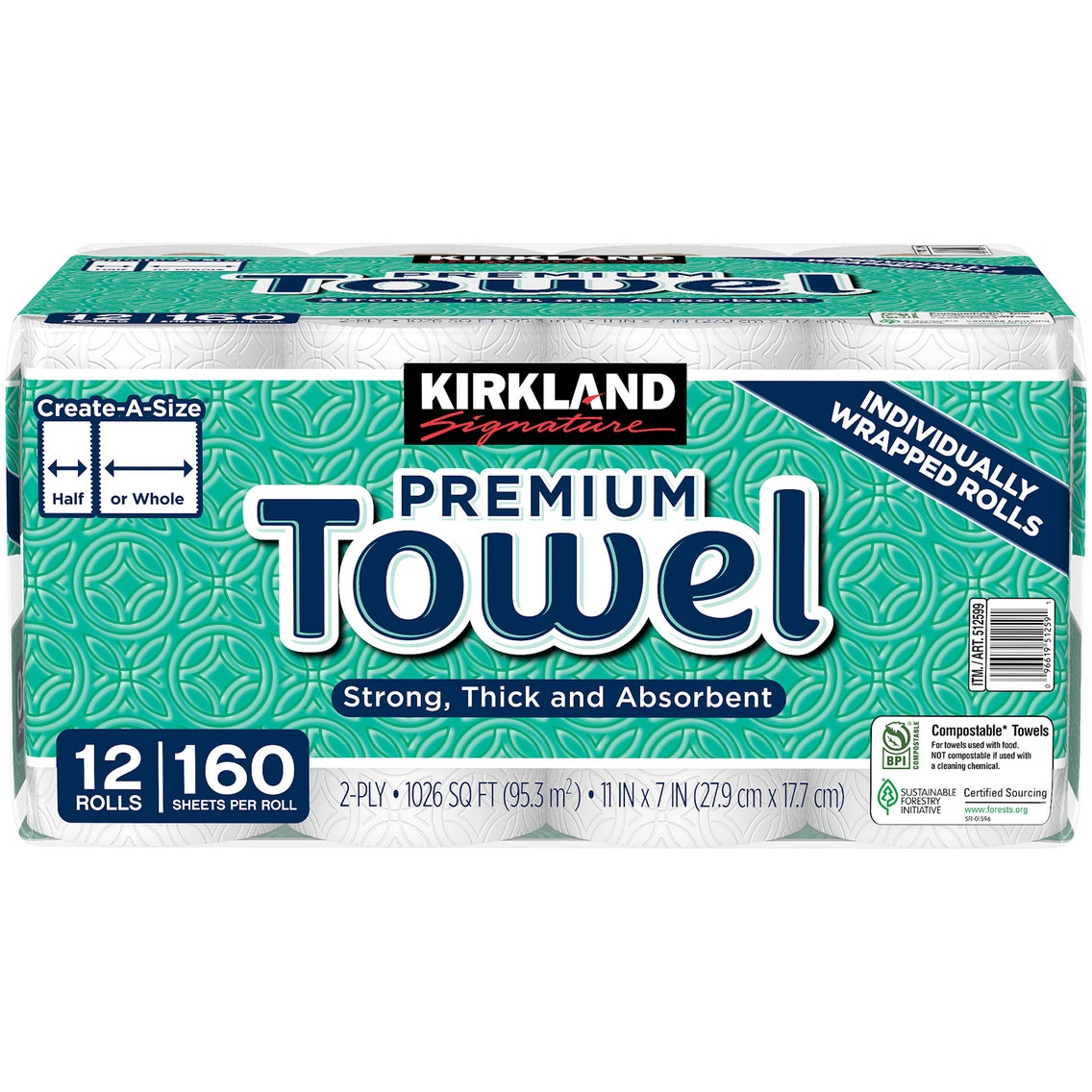 Kirkland Signature Paper Towels, 2-Ply, 160 Sheets, 12 Individually Wrapped Rolls