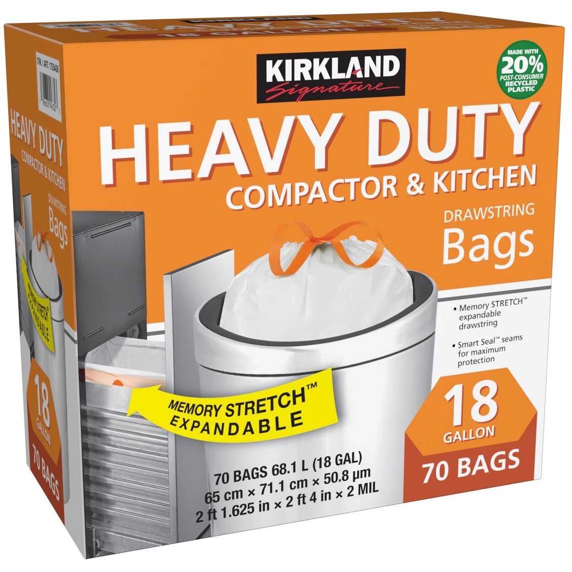 Kirkland Signature 18-Gallon Compactor & Kitchen Trash Bag, 70-count