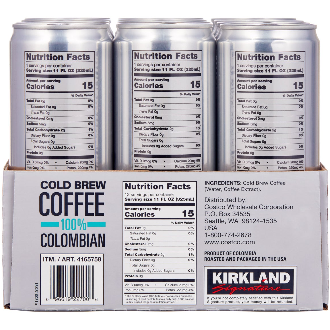 Kirkland Signature Colombian Cold Brew Coffee, 11 fl oz, 12-count